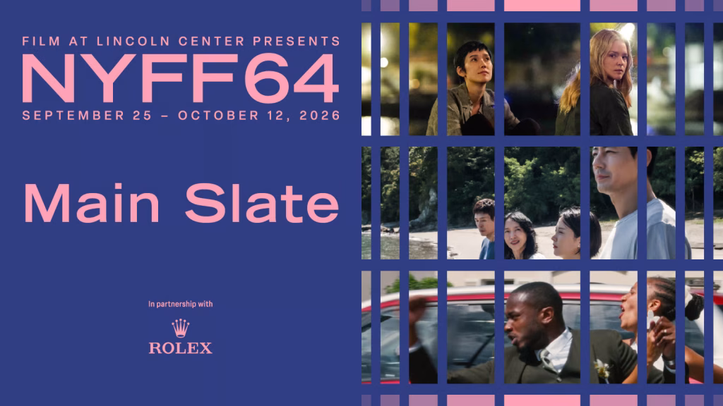 Flc_nyff64_mainslate_banner_1600x900jpg | the Cinema Group Promotional Nyff64 Poster: 'main Slate' Text on Blue Background with Film Grid Motif and Rolex Logo (sept 25–oct 12, 2026).