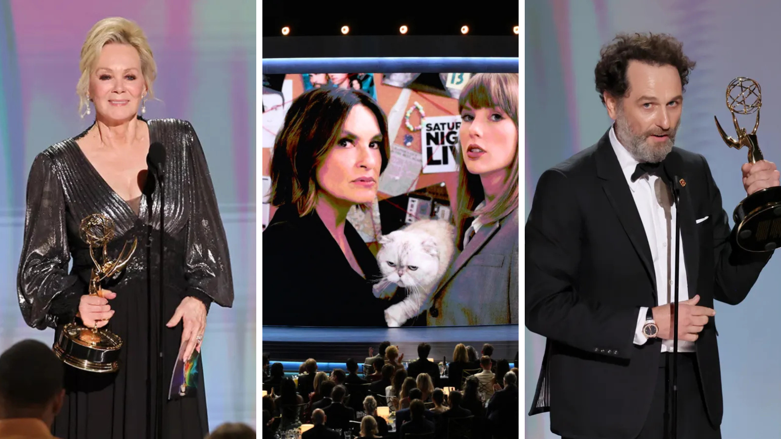 Collage from an Awards Ceremony Showing Emmy Winners: Left a Woman in a Shimmering Gown Holding an Emmy, Center a Screen Image of Two Women with a Cat, Right a Man in a Tuxedo Holding an Emmy.