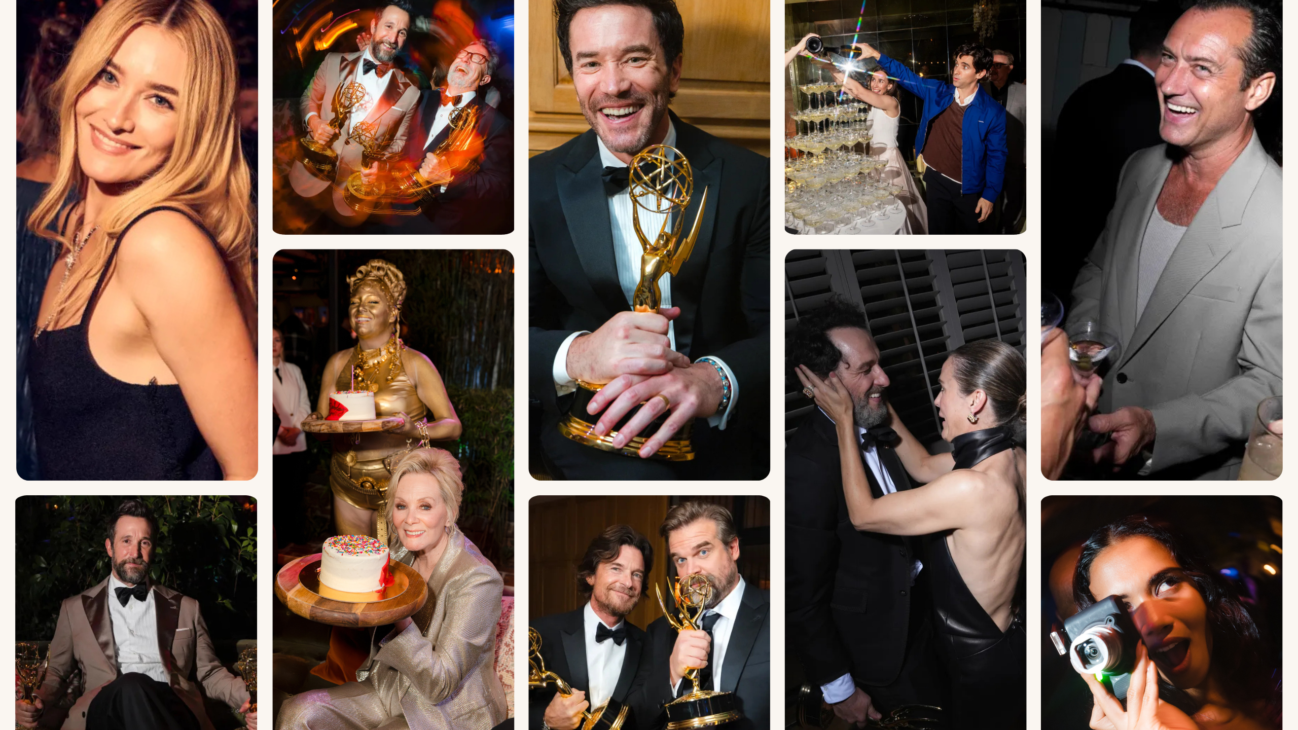 a Photo Collage from 2026 Emmy Awards After-parties, Featuring Winners Posing with Their Trophies, Guests Celebrating with a Champagne Tower, and Candid Laughing, Embracing, and Photo-taking Moments Throughout the Night.