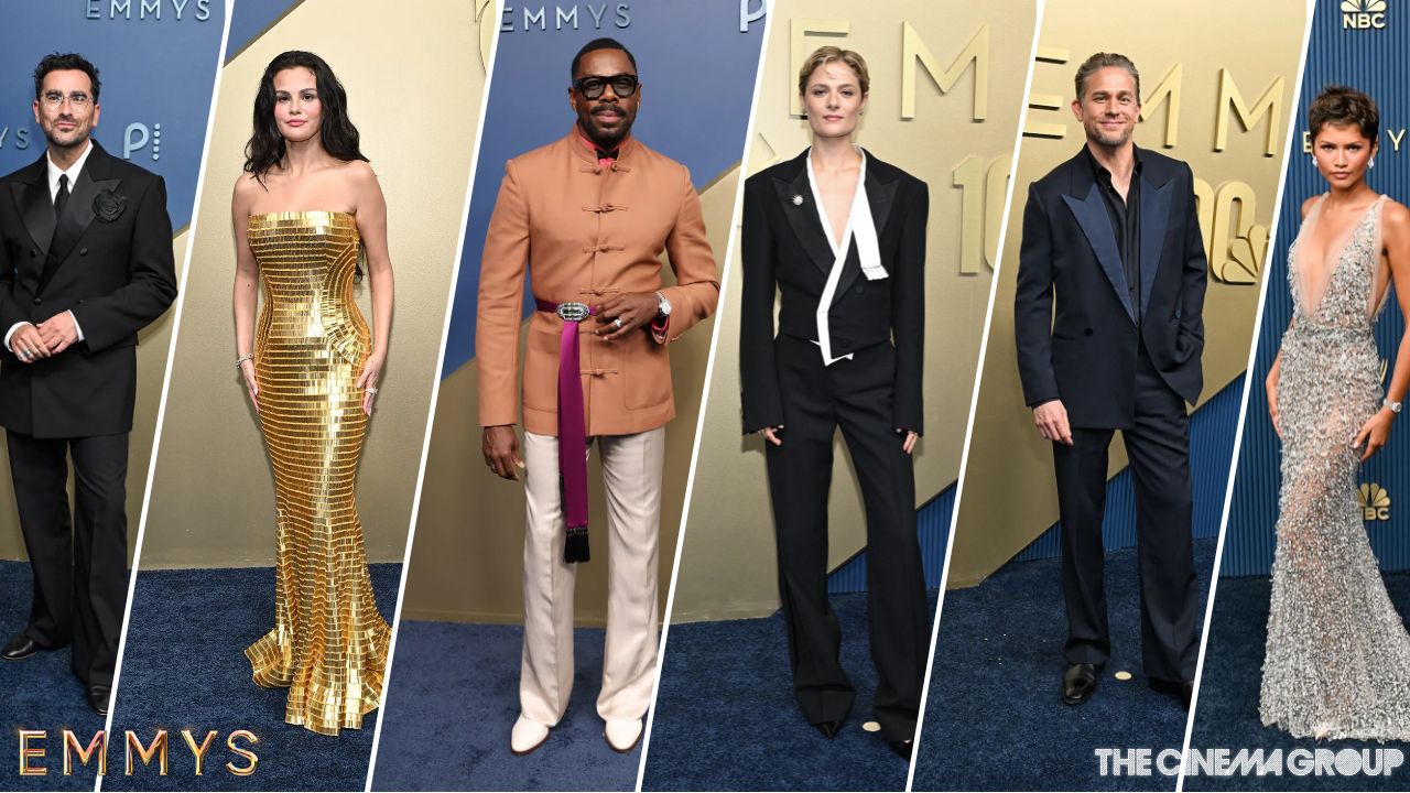 Collage of Six Celebrities Posing on the Emmy Awards Red Carpet in Formal Gowns and Suits.