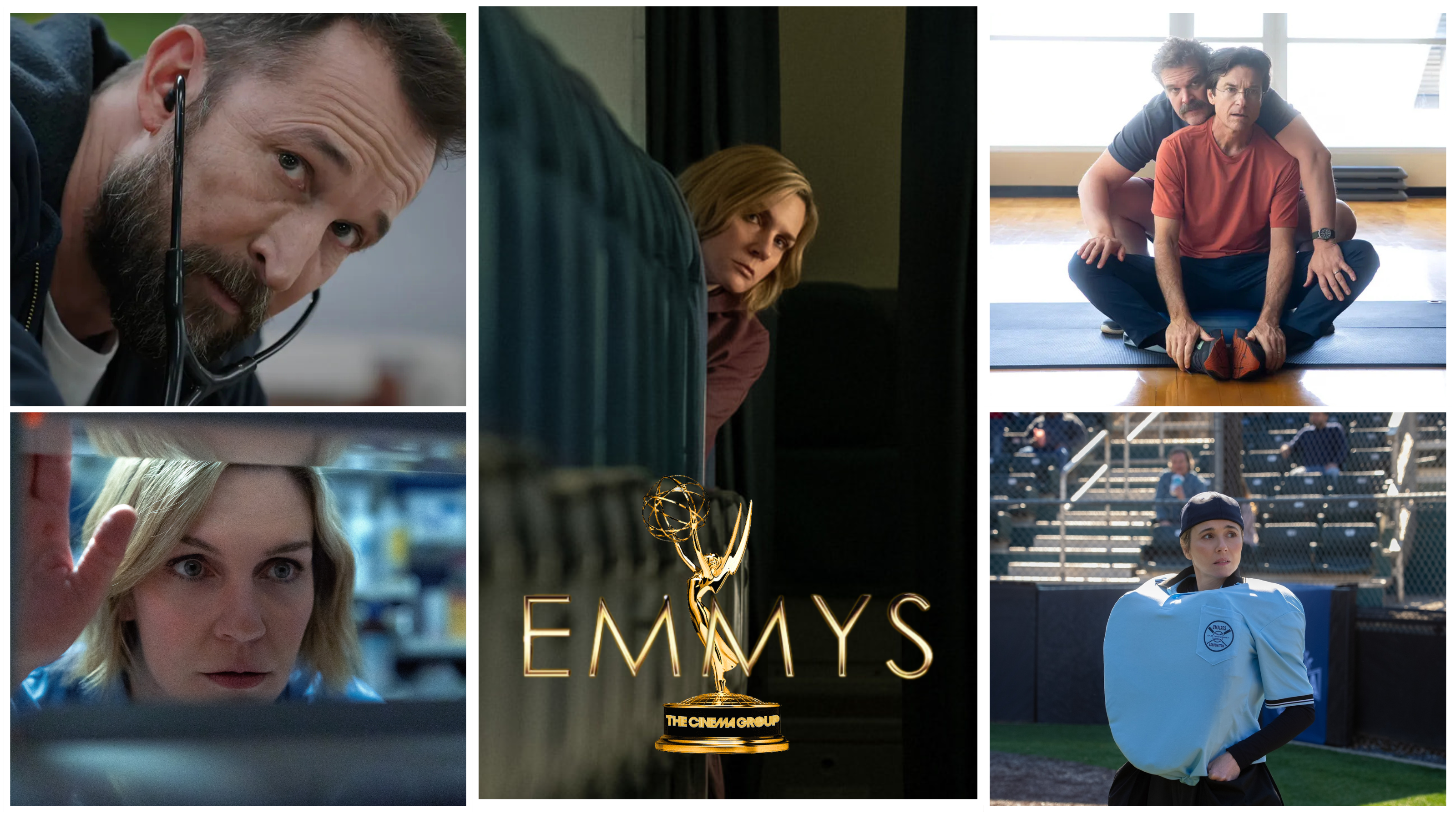 Collage of Six Images Featuring People in Media and Sport, Centered by an Emmy Statue.
