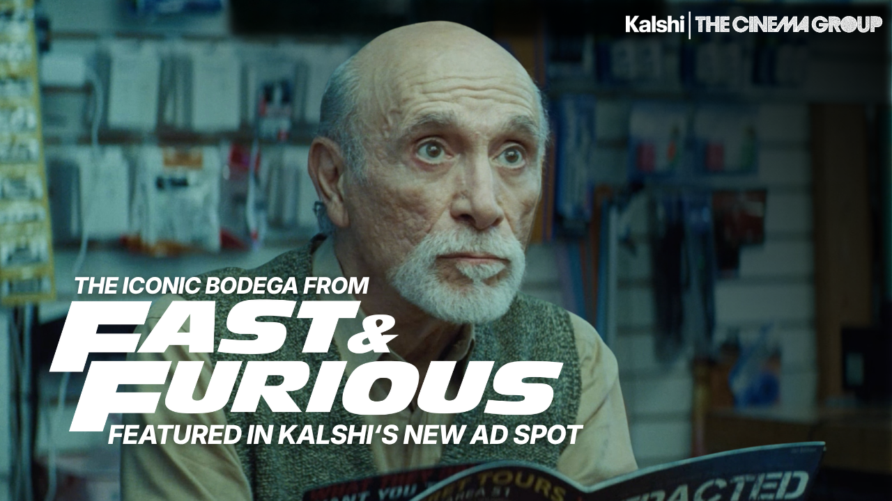 Elderly Man with a White Beard in a Shop, Overlaid by Bold White Text Promoting Kalshi's New Ad Spot for Fast & Furious.