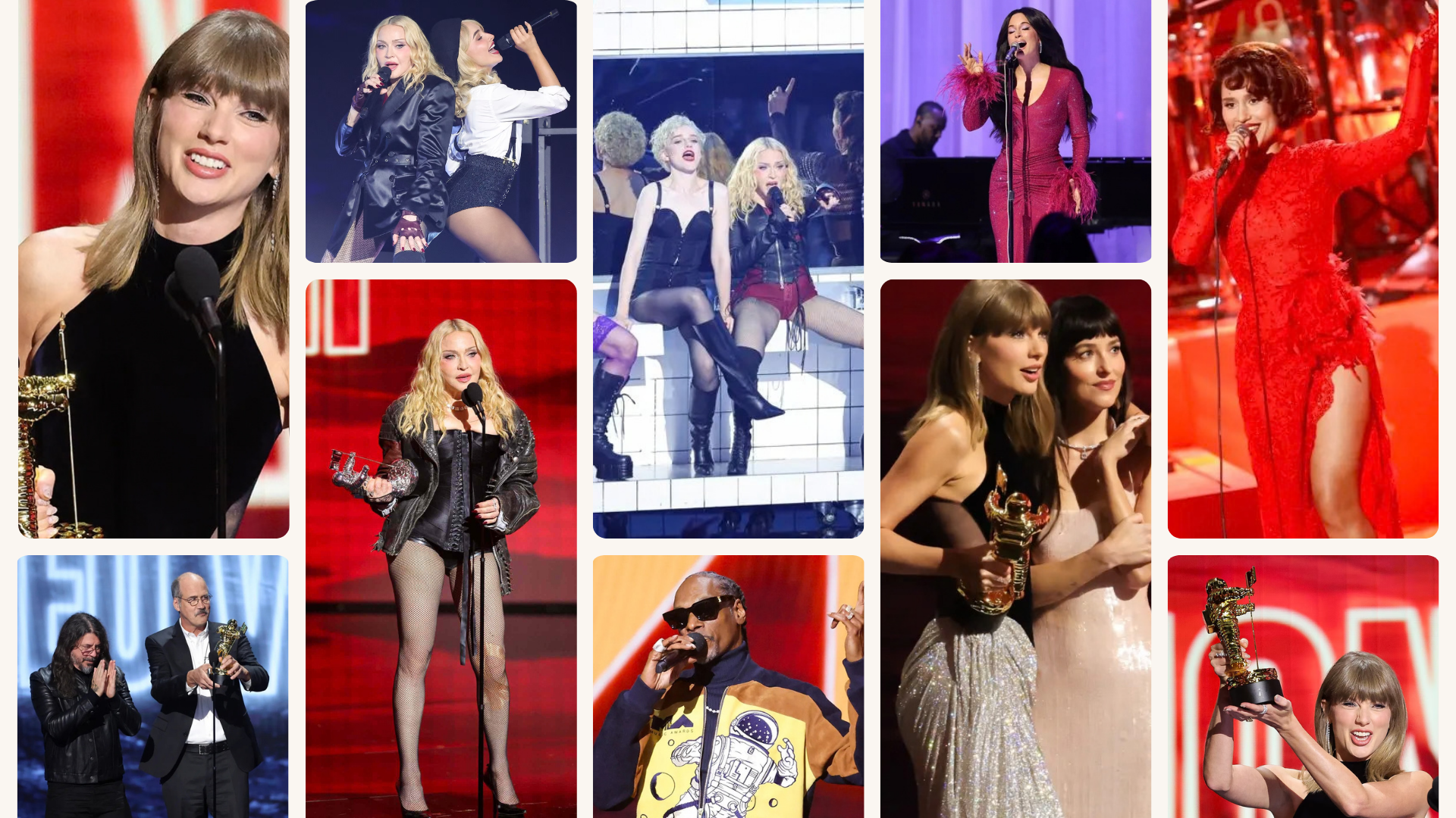 Collage of Female Pop Artists Performing on Stage at an Awards Show with Bright Lights and Trophies Visible in One Image Column.