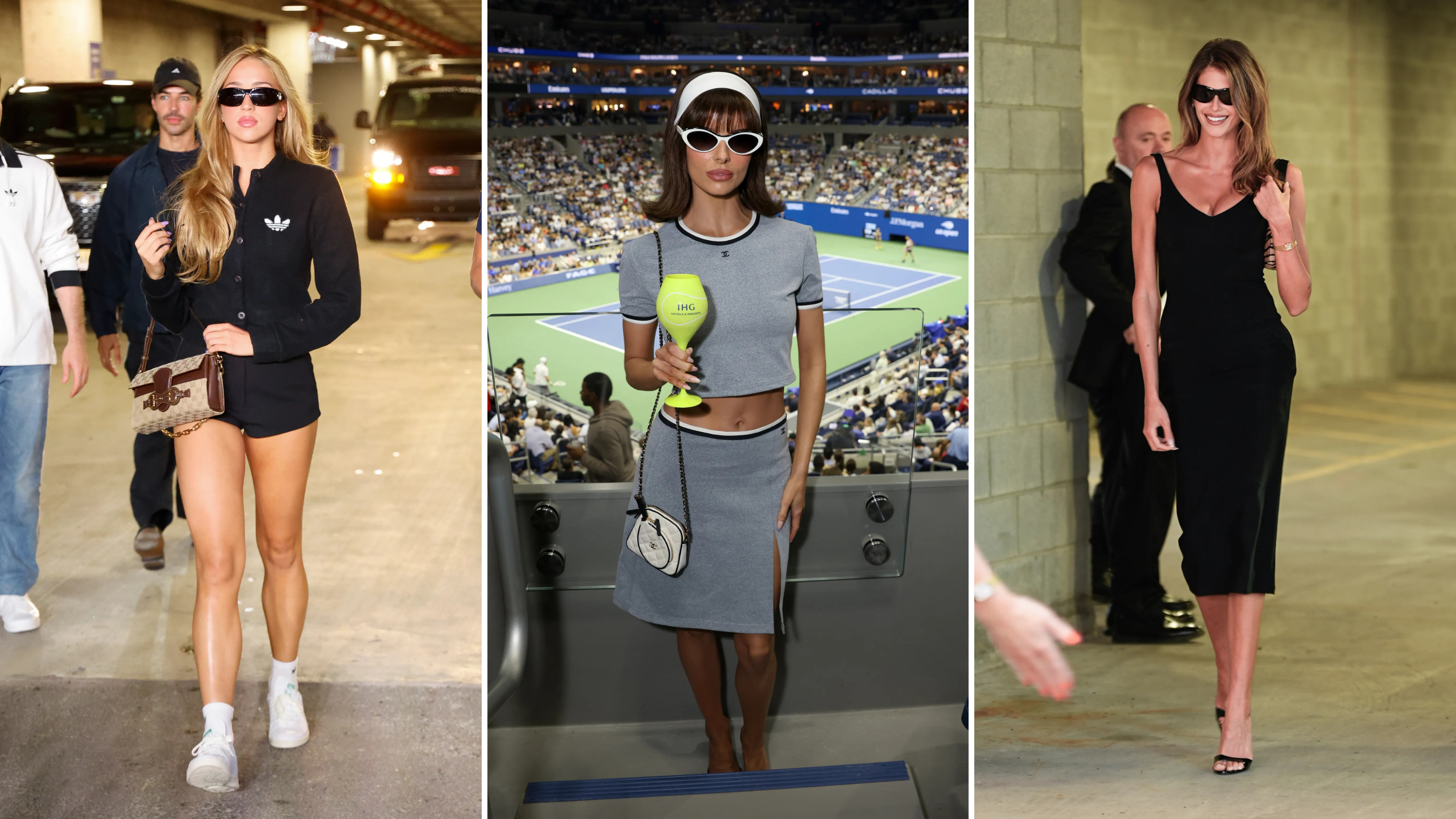 Us Open | the Cinema Group Woman in a Black Cardigan and Shorts Walks Backstage, a Man Follows in a Dim Corridor Behind Her.
