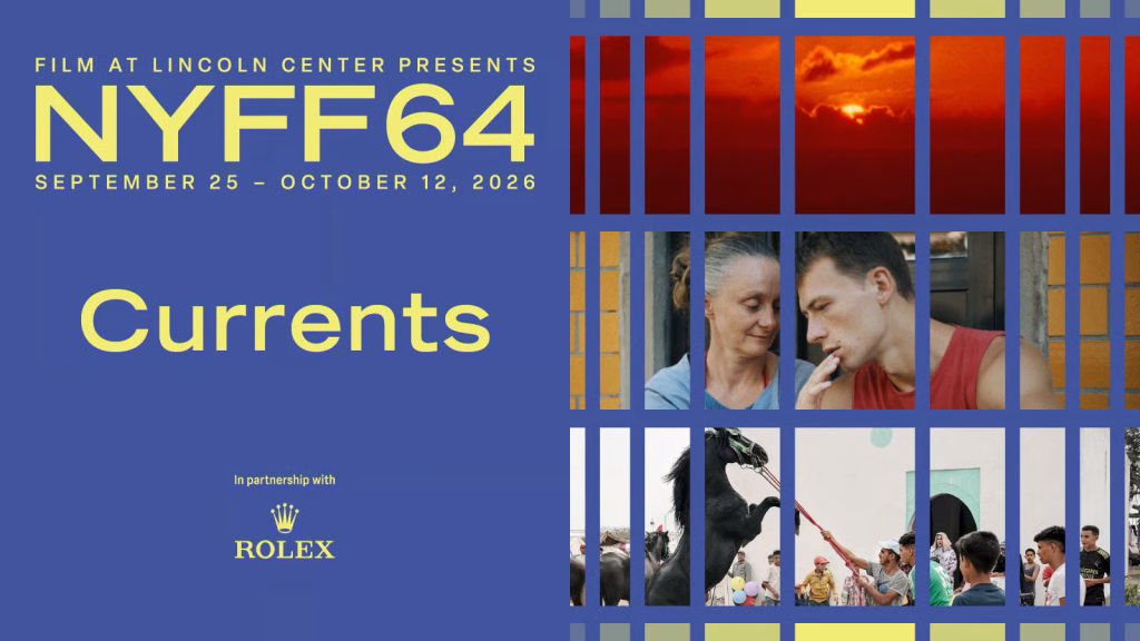 Flc_nyff64_currents_banner_1600x900jpg | the Cinema Group Poster for Nyff64 Currents at Film at Lincoln Center, with Bold Yellow Text on Blue and Grid of Film Images on the Right Side.