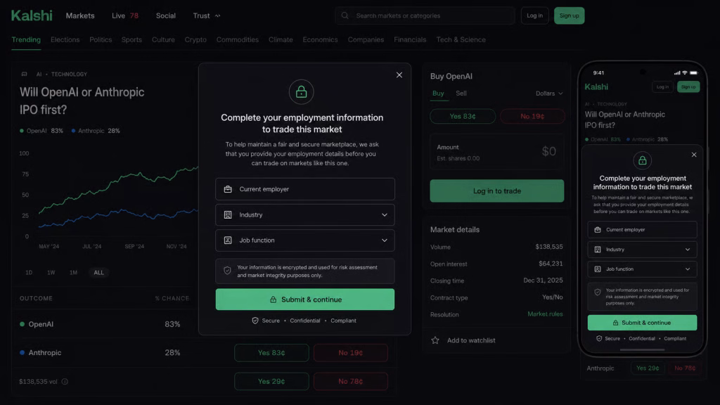 Dark Trading App Ui Showing a Market Chart and a Centered Modal Requesting Employment Information with Fields for Current Employer, Industry, and Job Function, Plus a Green Submit & Continue Button.