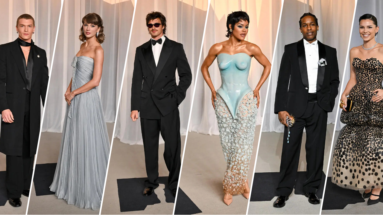 Collage of Six Celebrities in Formal Gowns and Tuxedos at a Red-carpet Event, Posing Against a Light Backdrop.