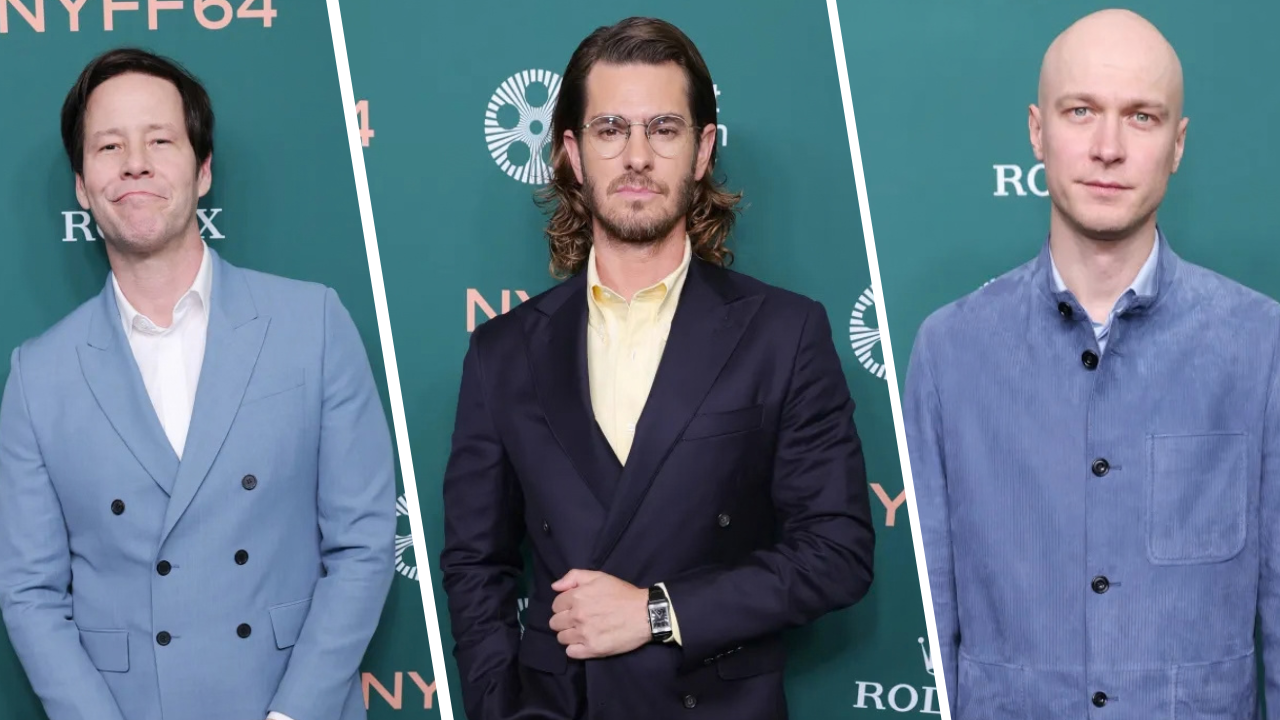 Artificaial Nyff the Cinema Group | the Cinema Group Three Men Pose on a Teal Nyff64 Backdrop: Left in a Light Blue Double-breasted Suit, Center in a Dark Suit with a Yellow Shirt and Glasses, Right in a Blue Corduroy Shirt.