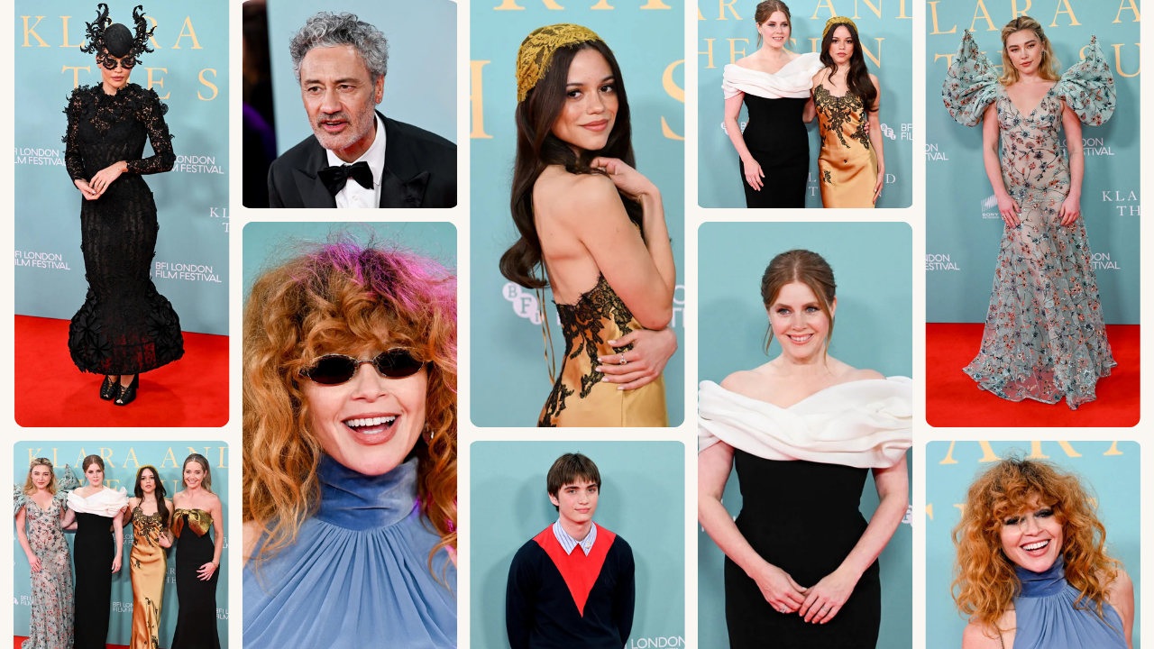 Collage of Celebrities Posing on a Red Carpet in Glamorous Gowns at a Film Festival Backdrop.