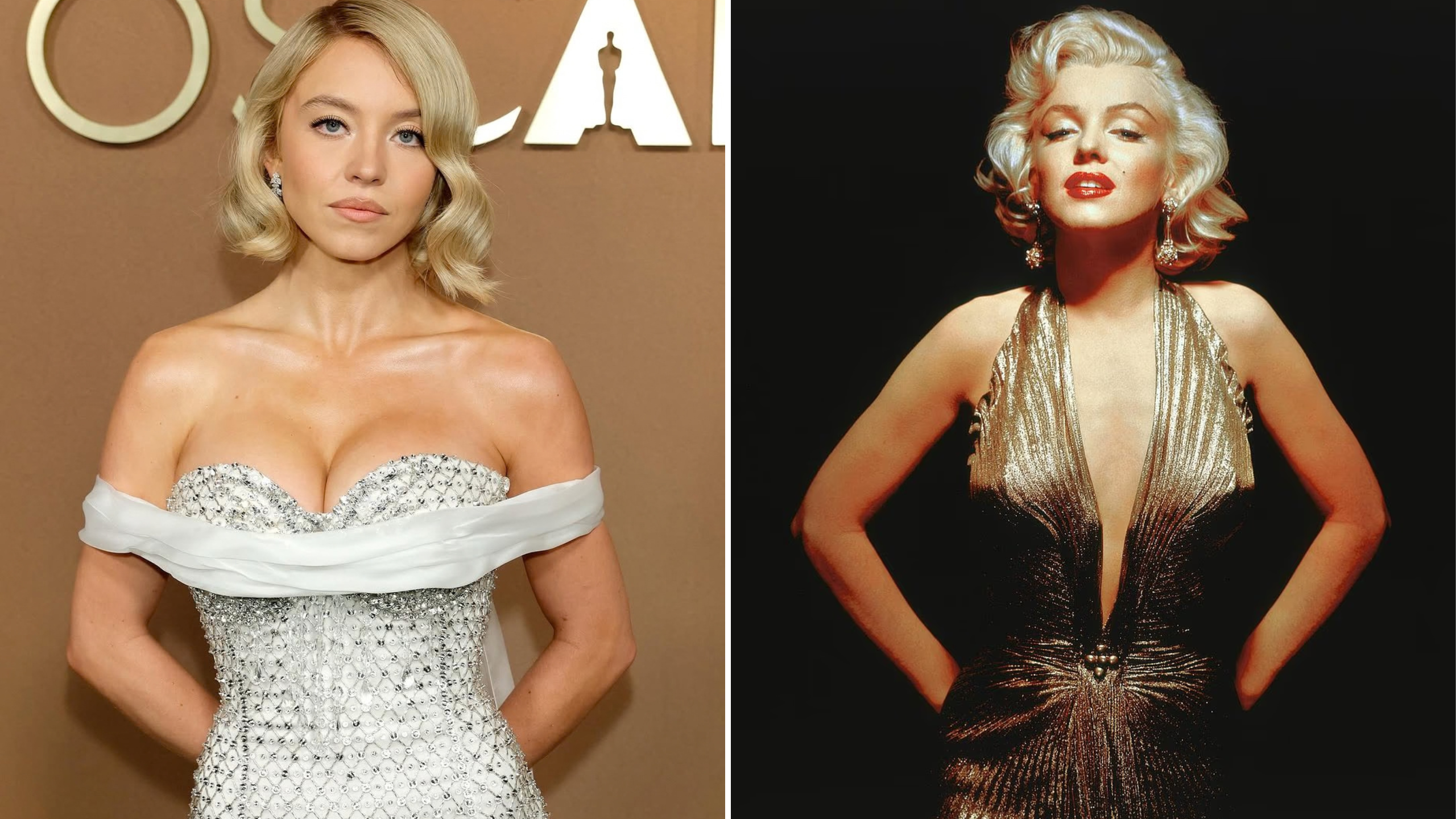 Two Images of a Blonde Woman in Formal Gowns: Left in a Sparkling Silver Strapless Dress with a White Off‑the‑shoulder Wrap; Right in a Gold Metallic Plunging Gown with Statement Earrings Against a Black Background.