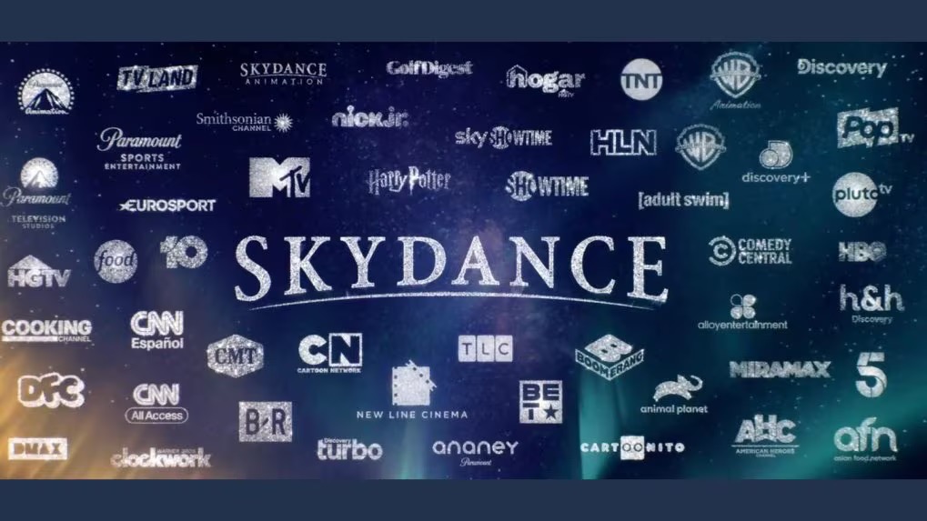 Collage of Network and Studio Logos Surrounding a Large 'skydance' Wordmark on a Blue‑green Starry Background.