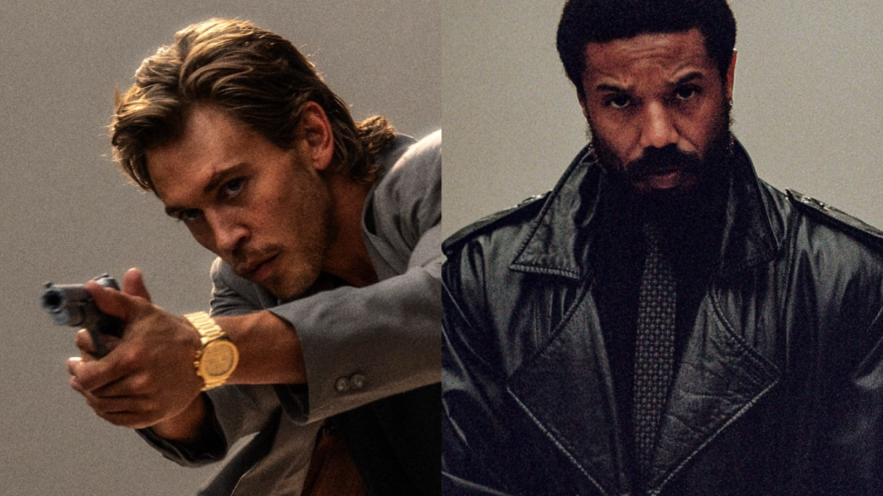 Two Men in a Tense Scene: One Aiming a Pistol with a Gold Watch on His Wrist, the Other Standing in a Black Leather Coat and Tie Looking Ahead